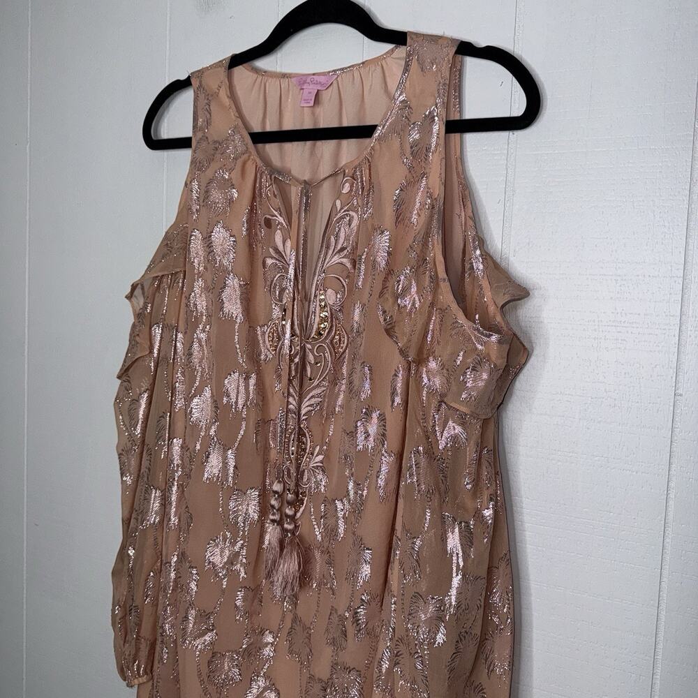 Lilly Pulitzer Women’s Marlyse Silk Dress Sandstone Metallic Palm Tree Size M - Picture 3 of 6